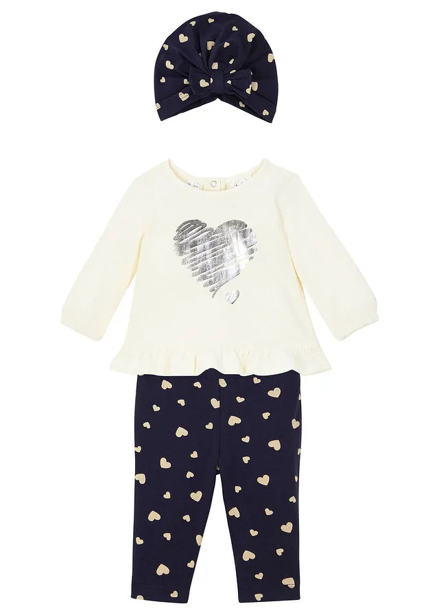 BODI + LEGGINGS + GORRO PARA BEBéS (3 PIEZAS) DE ALGODóN ORGáNICO BLANCO LANAAZUL OSCURO ESTAMPADO
